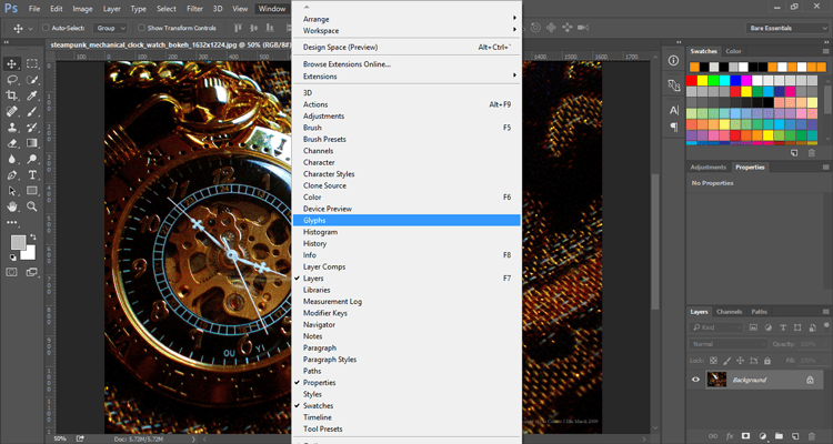 how to view font glyphs photoshop