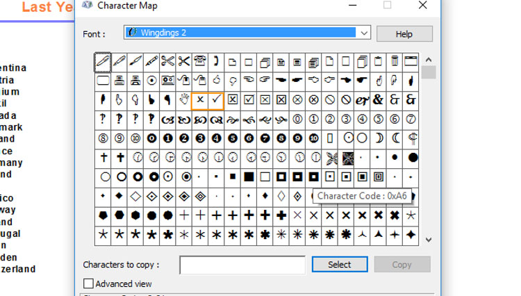 wingdings 2 character map