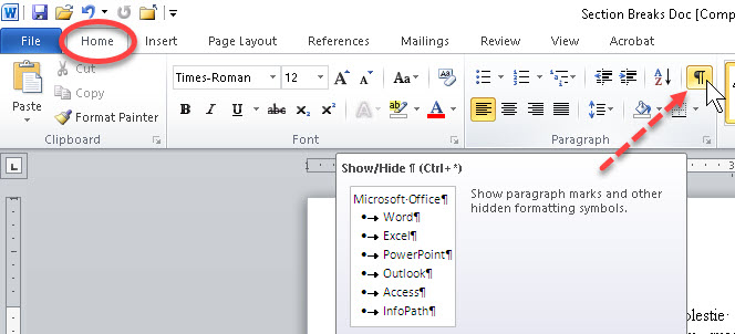 how to remove section breaks in ms word