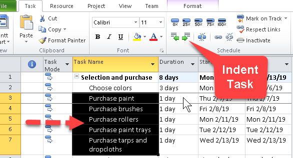 project summary task appears on which row